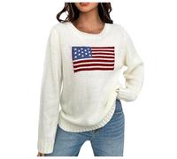 Générique Combinaisons Amples pour Femmes Pulls pour Femmes Hauts à Manches Longues Drapeau américain Sweat-Shirt en Tricot Memorial Day Chemises Amples Combinaison en Jean Jambe Large (White, S)