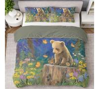 Générique Conte De Fées Ours Housse de Couette Mignon Ours Papillon Forêt Parure de Lit Literie Set Enfants Adultes 260 x 240 cm avec Taie d'oreiller Doux Décoration de Chambre, Vert