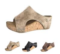 Générique Cork Wedges Platform Slides, Women's Thick Sole Comfy Leather Wedge Non-slip Sandals, Summer Platform Cork Wedge (Khaki,37)