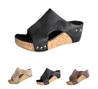 Générique Cork Wedges Platform Slides, Women's Thick Sole Comfy Leather Wedge Non-slip Sandals, Summer Platform Cork Wedge (Black,38)
