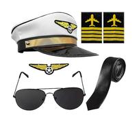 Générique Cosplay Accessories, Airline Captain Set, Role Play Uniform, Polyester Material, Includes Hat Tie Epaulettes Glasses Badge, Career Day Carnival Costume, Adjustable, White, 6 Pieces