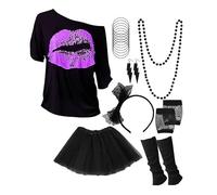 Générique Costume Annee 80 Femme, Deguisement Annee 80 Femme, Bandeau Fluo Annee 80, Costume de Carnaval, Tenue de Fête, Tenue pour Femme Hippie Femme pour Fête