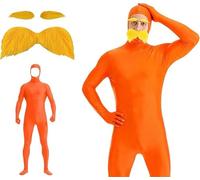 Générique Costume de carnaval orange pour homme, 2 pièces, avec 1 combinaison intégrale orange + 1 moustache jaune et sourcils, costume de carnaval pour Halloween, carnaval, fête