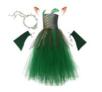 Générique Costume de fée Elfs Halloween, 4 pièces en file en maille verte Ensemble de robes et manches elfes, costume de thème de forêt pour filles Carnival Halloween Cosplay