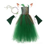 Générique Costume de fée Elfs Halloween, 4 pièces en file en maille verte Ensemble de robes et manches elfes, costume de thème de forêt pour filles Carnival Halloween Cosplay