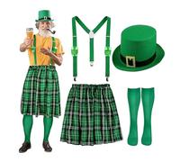 Générique Costume de la Saint Patrick Homme Tablier Vert Écossais Sommelier Serveur Fête Chapeau Haut Accessoires Irlande Célébration Ensemble Complet Thématique Carnaval Bière Festif