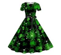 Générique Costume de léprechaun Irlandais pour Femme Classique Saint-Patrick Robe avec trèfle Porte-Bonheur Slim Manches Courtes Impression Robe pour Cocktail Fete