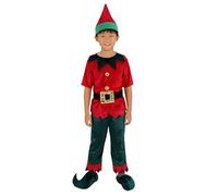 Générique Costume de Lutin Enfant - Chemise, Ceinture, Bonnet et Pantalon - Costumes de Noël, Contes et Fées pour Fêtes du Nouvel An et Célébrations - Unisexe - Rouge et Vert