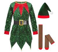 Générique Costume De Père Noël Fille Déguisement Pere Noel Enfant Tenue Lutin Pour Enfants Robe Christmas Spectacle Cosplay Elfe Fête Nouvelle Année Carnaval Mascarade (1#Vert,6-7 ans)