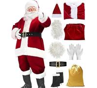 Générique Costume de Père Noël Professionnel, Ensemble Complet 9 Pièces avec Veste Rouge, Pantalon, Ceinture, Bottes, Gants, Perruque, Barbe, Bonnet et Sac Doré pour Adultes (3XL)