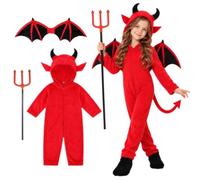 Générique Costume de Petit Démon Enfant - Ailes, Cagoule, fourche du diable et Combinaison - Costumes d'Halloween, Démon et Diable pour Fêtes Costumées - Idéal pour Enfants
