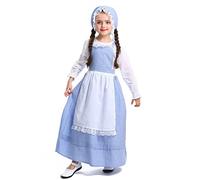 Générique Costume de Princesse Fermière Fleuriste pour Fille Robe à Manches Longues à Carreaux avec Tablier et Chapeau pour Soirée et Performance (Blue, 10-12 Years)