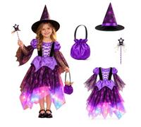 Générique Costume de Sorcière pour Fille avec Lumières, Chapeau, Baguette et Robe Tutu pour Halloween, Carnaval, Cosplay et Fête