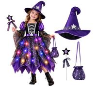 Générique Costume de Sorcière pour Fille avec Lumières, Chapeau, Baguette et Robe Tutu pour Halloween, Carnaval, Cosplay et Fête
