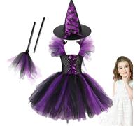 Générique Costume de sorcière pour filles, Costume de sorcière pour - Tutu Robe Robe - Habillez un d'Halloween avec un balai à chapeau de pour les filles