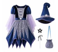 Générique Costume de sorcière pour filles, robe de sorcière brillante avec chapeau, baguette magique et sac bonbons pour décoration fête d'Halloween