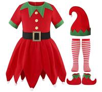 Générique Costume D'Elfe Déguisement Pere Noel Xl Ensemble De Elfes Filles Enfant Lutin Mini Robe Saint Valentin Chapeau Chemise Pantalon Pour Noël Cosplay Fêtes Carnaval (Rouge#B,7-9 ans)