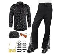 Générique Costume disco des années 70 pour homme - Style hippie -Tenue 6 pièces avec chemise à paillettes et pantalon évasé - Déguisement complet pour carnaval et fête à thème S-XXL