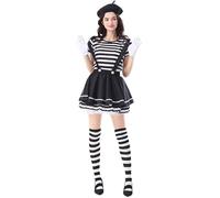 Générique Costume Femme d'halloween Style Mime Classique avec Rayures et Accessoires Complets, Idéal pour Déguisements de Mime, Fêtes Thématiques et Soirées Spooki Halloween