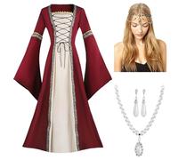 Générique Costume Femme Moyen Age, Victorienne Reine Halloween Squelette Deguisement Robe Blanche Age Noble Tenue Paysanne Médiévale Vêtements Moyen Age Victorian Era (Rouge,XL)