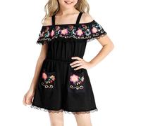 Générique Costume folklorique mexicain à épaules dénudées pour filles, combinaison rose, tenue de cosplay du Jour des morts, robe de soirée élégante (Black, 11-12 Years)