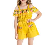 Générique Costume folklorique mexicain à épaules dénudées pour filles, combinaison rose, tenue de cosplay du Jour des morts, robe de soirée élégante (Yellow, 9-10 Years)