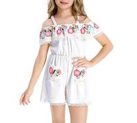 Générique Costume folklorique mexicain à épaules dénudées pour filles, combinaison rose, tenue de cosplay du Jour des morts, robe de soirée élégante (White, 7-8 Years)