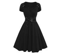 Générique Costume Halloween Adulte Femme,Robe Gothique Medieval Femme Robe Longue Chic Et Elegant à Manches Courtes Deguisement Moyen Age Dentelle éPisséE Style Palais Dress