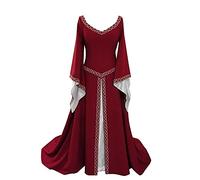 Générique Costume Halloween Femme Tenue Médiévale Renaissance - Robe Longue en Dentelle Brodée Manches Longues Deguisement Vampire Reine Cosplay Victorienne Carnaval Toussaint , Rouge, XXL