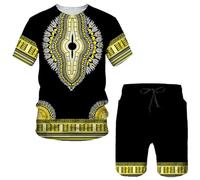 Générique Costume Homme Élégant Style Ethnique Africain avec T-Shirt Col Rond et Short Imprimé 3D Grandes Tailles (Black, M)