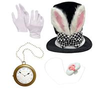 Générique Costume Lapin - Set 4 Pièces Costume Bunny Nez Gants | Chapeau Oreilles Blanc Horloge Accessoire - Tissu ABS | Adulte | Halloween Soirée, Tenue Tea Party, Cosplay Déguisement