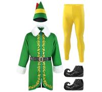 Générique Costume Lutin Homme Noël Déguisement Elfe Top Pantalon Chapeau Ceinture Chaussettes Couvre-Chaussures Déguisement Elfe de Noel Fête de Fin d'Année Christmas