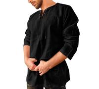 Générique Costume Medieval Homme Chemise Manches Courtes Hippie Manche Courte Annee 80 sans Repassage Tunique Viking Medievale Saharienne Tenue Vetement Lin Médiévale Deguisement Blanche a Fleur