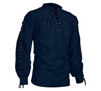 Générique Costume Medieval Homme Tenue Medievale Femme Templier Deguisement Déguisement Vetement Ete Indien Viking Chemise En Lin a Fleur Tunique Chevalier Hippie Col Mao Marine S