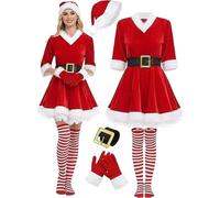 Générique Costume Mère NoëL Femme, Robe à Capuche Mere Femme Set De pour Luxe Mme Claus Rouge Déguisement Noel Deguisement Vintage Manches Longues Robes Taille Haute avec Ceinture