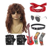 Générique Costume Punk Rocker, Set Cosplay Star Musical Années 70, Perruque Lunettes Style Punk pour Scène Concert Plage Halloween Femme Homme