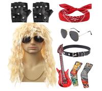 Générique Costume Rocker Homme, Set Cosplay Star Musical Années 70, Costume avec Perruque et Lunettes pour Hommes Femmes Accessoires Complets Fête Halloween Concerts