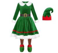 Générique Costumes D'Elfe De Noël Pour Fille Déguisement Père Enfant Robe Enfants Soirée Rouge Manche Longue Jupe Tutu Chapeau Lunettes Bas Rayés Cosplay Fêtes Carnaval (Vert#B,10-11 ans)