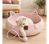 Générique Cotton Rope Cat Bed Basket, Handwoven Cat Bed Basket with Scratching Ball, Breathable Round Cat Scratcher Bed, Cute Cat Ear Design, All Season Cozy Sleeping Nest for Indoor Cats (Pink,M)