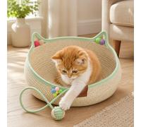 Générique Cotton Rope Cat Bed Basket, Handwoven Cat Bed Basket with Scratching Ball, Breathable Round Cat Scratcher Bed, Cute Cat Ear Design, All Season Cozy Sleeping Nest for Indoor Cats (Green,M)