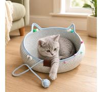Générique Cotton Rope Cat Bed Basket, Handwoven Cat Bed Basket with Scratching Ball, Breathable Round Cat Scratcher Bed, Cute Cat Ear Design, All Season Cozy Sleeping Nest for Indoor Cats (Blue,L)