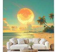 Générique Coucher De Soleil Sur La Mer Papier Adhesif Île Tropicale Palmiers Mural Beaux Nuages Papier Peint 3D Effet 200x150 cm pour Salle de Bain Salon Chambre