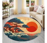 Générique Coucher De Soleil Vagues Doux Tapis Rond 180 cm, Oriental Classique Tapis de Chambre Antidérapant, Multicolore Poil Ras Lavable pour Salon & Coin Lecture