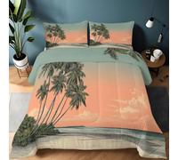 Générique Couette 135 x 200 cm Édredon Imprimée Paysages Exotiques Palmiers Plages Réversible - Couette sans Housse pour 4 Saisons - Édredon Douce Et Taies d'oreiller 65X65 Cm, Rose