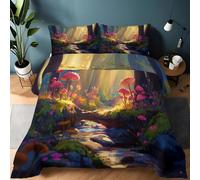 Générique Couette 135 x 200 cm Onirique Forêt Champignons Soleil Imprimée en Microfibre Edredon Couette 4 Saisons 2 Personnes en Machine Réversible et 2 Taies d'oreiller 65x65 cm, Jaune Vert
