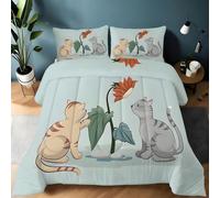 Générique Couette 135x200 Chat et tournesols Illustration Cartoon Ensemble de Literie en Microfibre, 1 Edredon et 2 Taies d'oreiller 65x65, 4 Saisons B1658