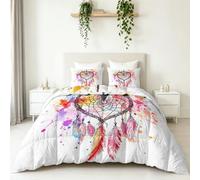 Générique Couette 140 x 200 cm Couette imprimée Attrape Rêves en Forme Cœur avec 1 Plume 3 Pièces - Edredon Tout-en-Un et 2 Taies d'oreiller - Édredon Toutes Saisons pour Garçons et Filles, Blanc