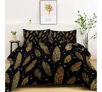 Générique Couette 140x200cm 4 Saisons, Réversible Couette Imprimée Minimalisme Plumes Étoiles 1 Personne pour Enfant Fille Garçon, Noir Et Or Couettes matelassée avec 2 Taies d'oreiller