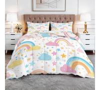 Générique Couette 155 x 220 cm Arc en Ciel Nuages Étoiles Imprimée en Microfibre Edredon Couette 4 Saisons 2 Personnes en Machine Réversible et 2 Taies d'oreiller 65x66 cm, Couleur