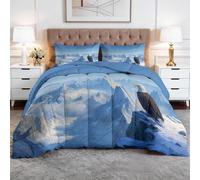 Générique Couette 200 x 200 cm 4 Saisons, Couette sans Housse Réversible Imprimée Fantaisie Montagne Enneigée Animaux Aigle, Édredon pour Adultes Aventuriers Lavable Bleu et 2 Taie d'oreiller